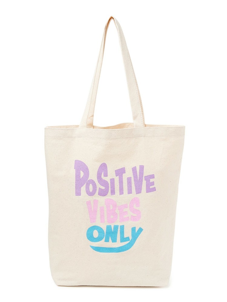 Graphic Canvas Re-usable Tote Bag “POSITIVE VIBES ONLY” Cream #FB