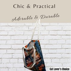 Cute Cat & Floral Pattern Tote Bag 14x16in – Eco-Friendly Reusable Bag