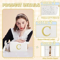 Personalized Gift Initial Makeup Bag,Preppy Gold Embroidered Letter C, White