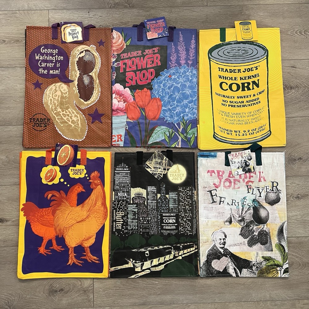 RARE NEW Trader Joe’s Bag Set 6 – Corn Mandarin Nocturne Flower Shop PB Flyer