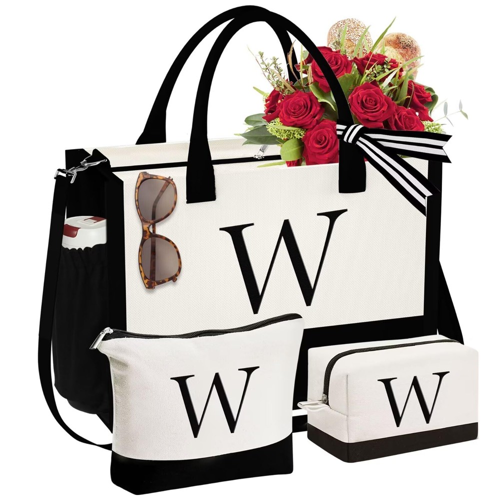 Valentines Day Gifts – Initial Canvas Tote Bag & Makeup Bag, Personalized Gifts