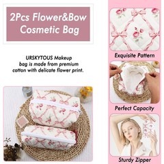 URSKYTOUS 2Pcs Cotton Quilted Makeup Bag for Women Girls Coquette Pink Bow