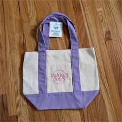 Trader Joe’s Mini Pastel Canvas Tote Bag, Reusable Logo, Beige & Purple