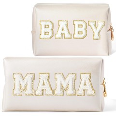 CY2SIDE MAMA Baby Letter Makeup Bag – 2PCS White and BABY Shell Gold