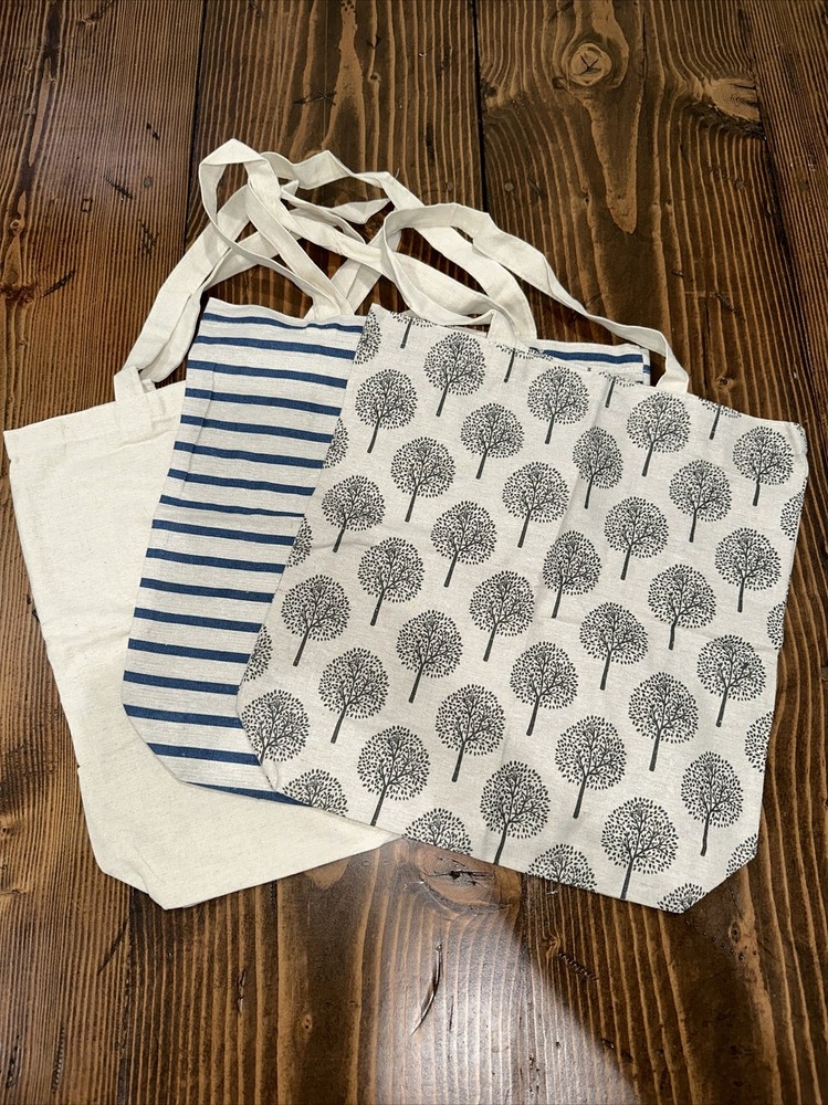 Juvale Small Reusable Grocery Bags 3-Pack Canvas Fun Designs – Beige