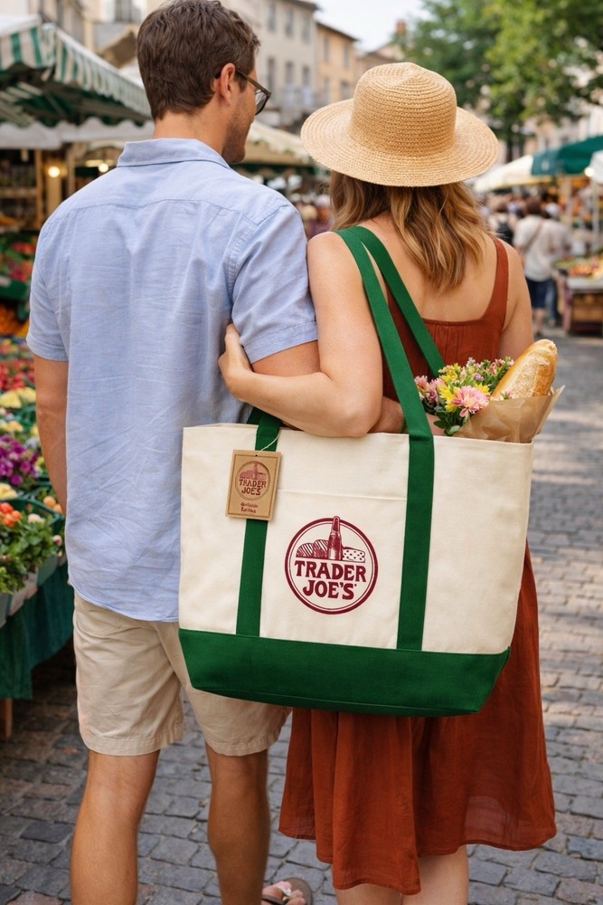 TRADER JOE’S LARGE CANVAS COTTON REUSABLE LARGE GREEN FARMERS MARKET TOTE NWT
