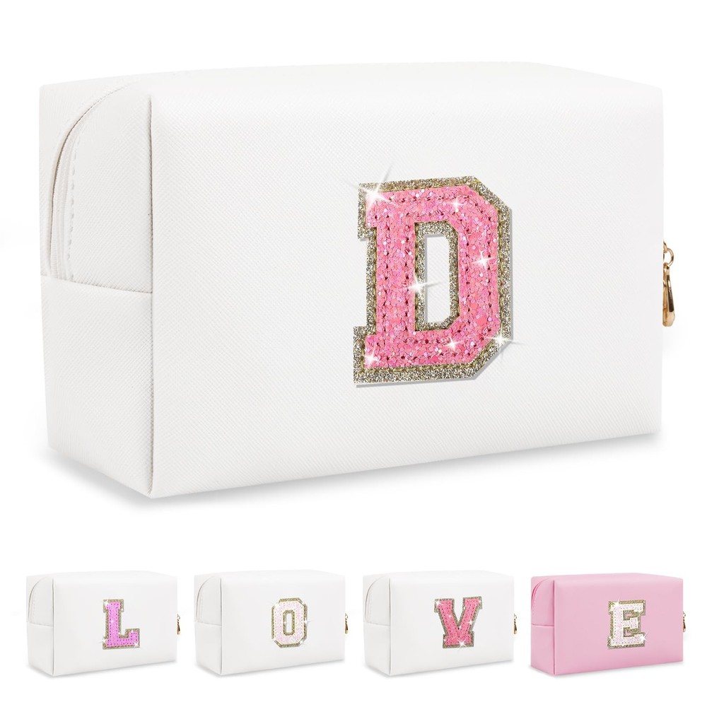 Small Initial Patch Makeup Bag Personalized Gifts Make Up D, White-Pink