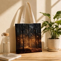 Night Forest Canvas Tote Bag for Women, Reusable Grocery Shoulder Shopping Ba…
