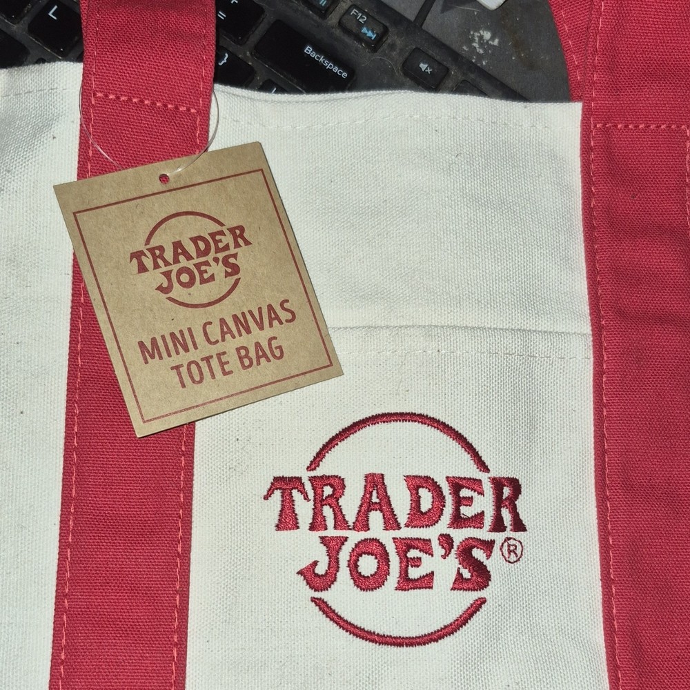Trader Joe’s Mini Canvas Tote Bag Small Red White Solid Canvas