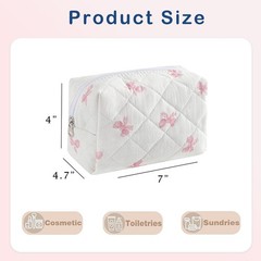 RSRSLEII Small Quilted Cotton Makeup Bag, Cute Floral 12White Pink Bow