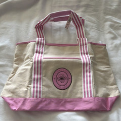 Victoria’s Secret Pink Beige White Striped Canvas Reusable Tote Bag One Size