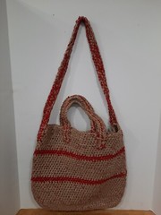 Large Lined Hand Tote Bag Brown & Red Made From Plastic Shopping Bags