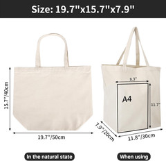 Blank Tote Canvas Bag with Zipper, 3Pcs 19.7X15.7 Inch Bags with Handles, 12Oz H