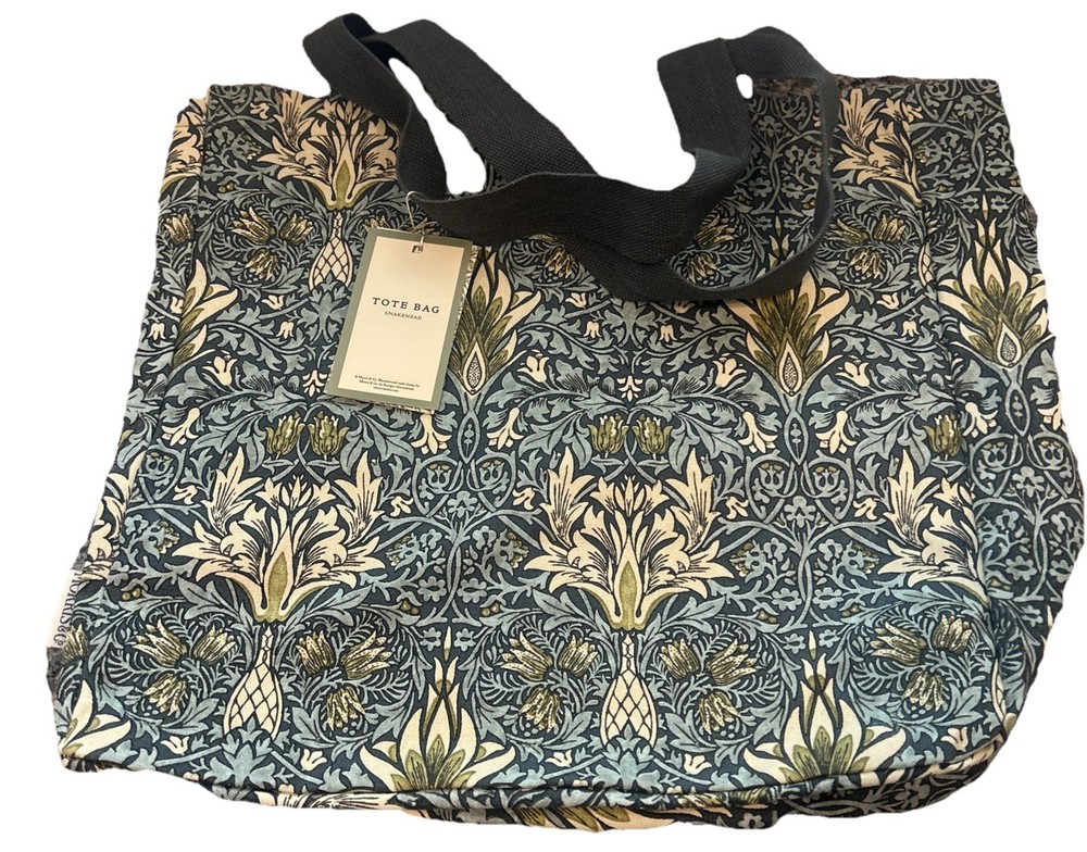 William Morris & Co Canvas Tote Bag “Snakehead”Blue Floral Interior Pocket