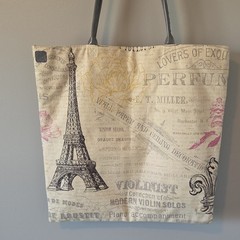 Canvas Tote Eiffel Tower Paris Print with Inner Pocket Faux Leather Handles