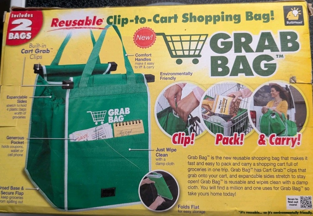 Telebrands Grab Bag Clip To Cart Reusable Shopping Bags 2 Bag Set Open Box