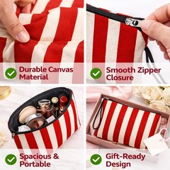 Striped Canvas Makeup Bag – Red & White Zipper Cosmetic Pouch &