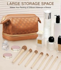 Hairao Large Makeup Bag for Women, Double Layer Travel with Brown