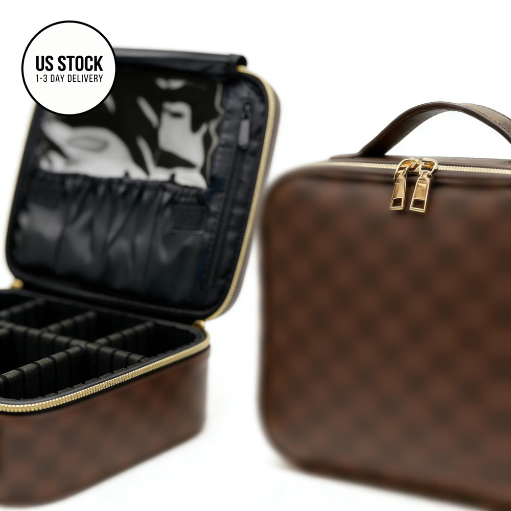 LEAFFUP Checkered Makeup Bag, Portable Bag with Adjustable Brown