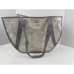 Thirty-One Round Utility Tote Bag Tan Gray Geometric Print Mesh Pocket Organizer