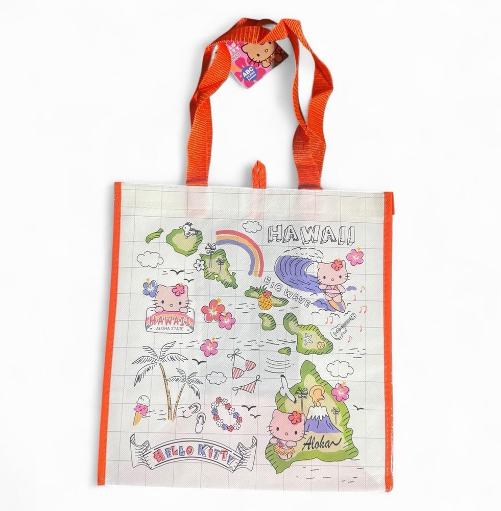 Tan Hello Kitty Hawaii Reusable Shopping Bag White w/ Orange Handles