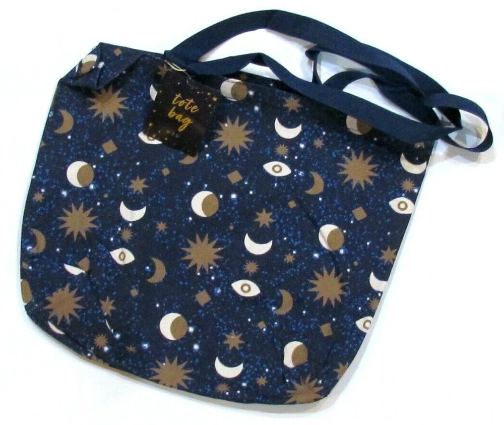 Celestial Moon and Stars Reusable Tote Handle Bag Navy 10″ x 16″ Starry Night