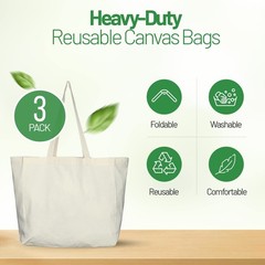 3 Pack Canvas Reusable Grocery Bags – Cotton Canvas Grocery Bag Cloth Shoppin…