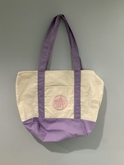 Trader Joe’s Foldable Canvas Reusable Shopping Bag Beige Purple Color Block