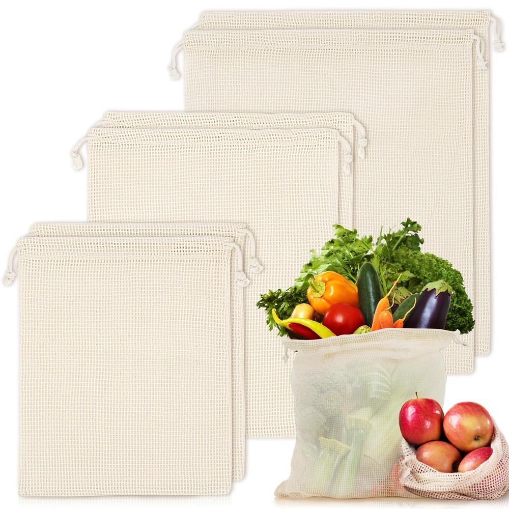6 Pack Cotton Mesh Reusable Produce Bags Off White Grocery Storage Bags Set