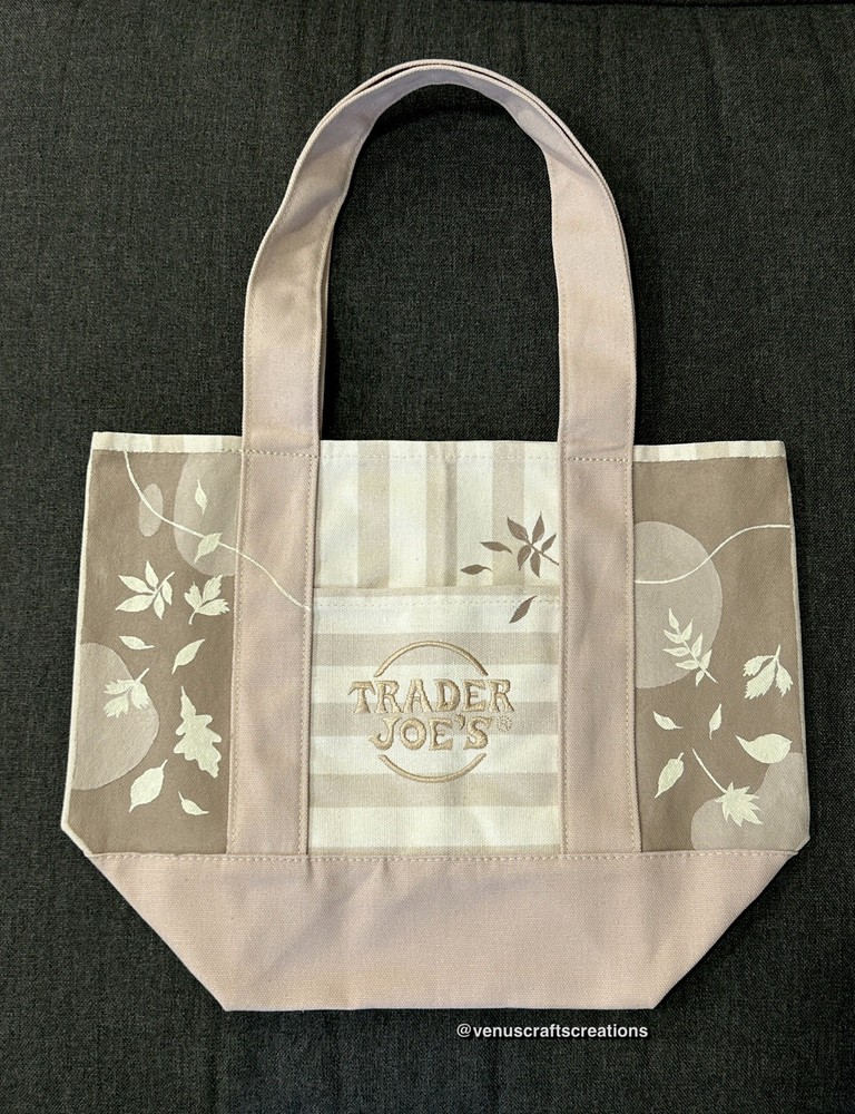 Made To Order – Hand-Painted Trader Joe’s Striped Mini Beige Tote — Fall leaves