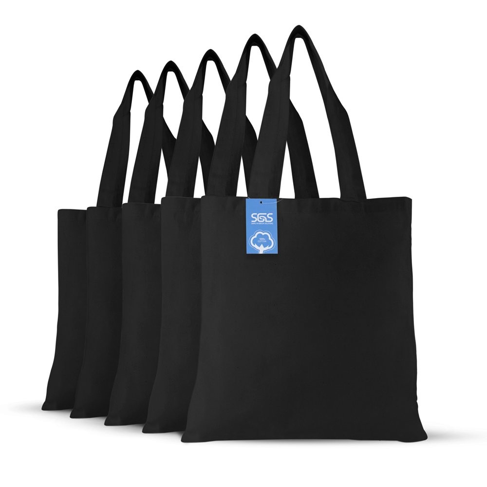 5 PCS 15×16 Inch Black Reusable Cotton Cloth Grocery Craft Tote Bags with Handle