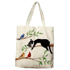 Cat Canvas Tote Bag For Women – Aesthetic Funny Tuxedo Cat Birds Shopping