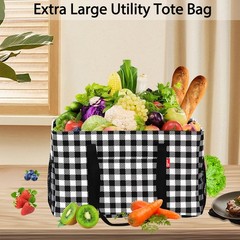 Cube Plaid Extra Large Foldable Utility Tote Grocery Bag Metal Wire Frame