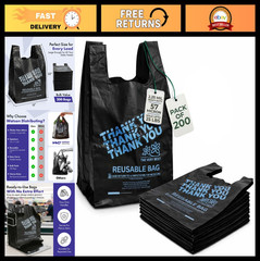 Heavy Duty Reusable Grocery Bags 12″x7″x22″ – 200 Count LDPE T-Shirt Bags, 25 lb