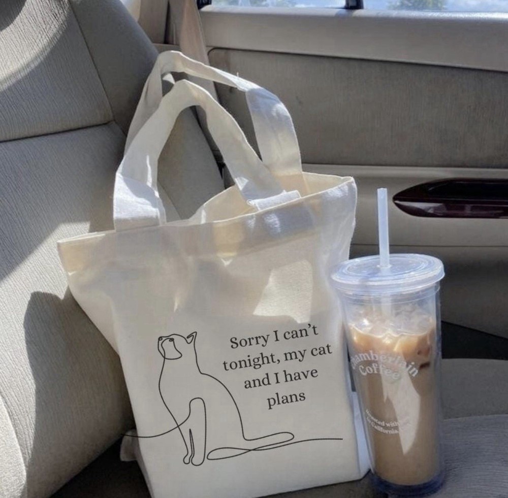 Cat Print Quote Canvas Tote Bag Foldable Beige Animal Print Shopping Bag