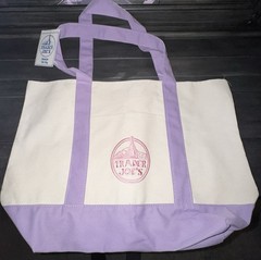 Trader Joe’s Foldable Canvas Reusable Tote Bag Purple Beige Solid Plain