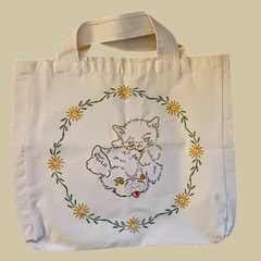 Hand-Embroidered Canvas Reusable Tote Bag–Vintage–Puppy & Kitten