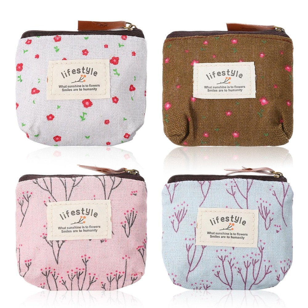 LIQWEI 4Pcs Mini Makeup Bag, Linen Floral Small Pink + Blue + White + Brown