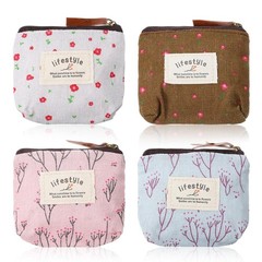 LIQWEI 4Pcs Mini Makeup Bag, Linen Floral Small Pink + Blue + White + Brown