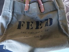 FEED Projects Canvas Tote Bag Olive Green Leather Handles Help Feed The Children