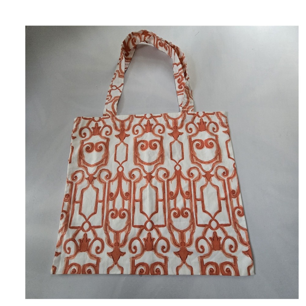Geometric Pattern Foldable Cotton Reusable Tote Shopping Bag Medium Orange White