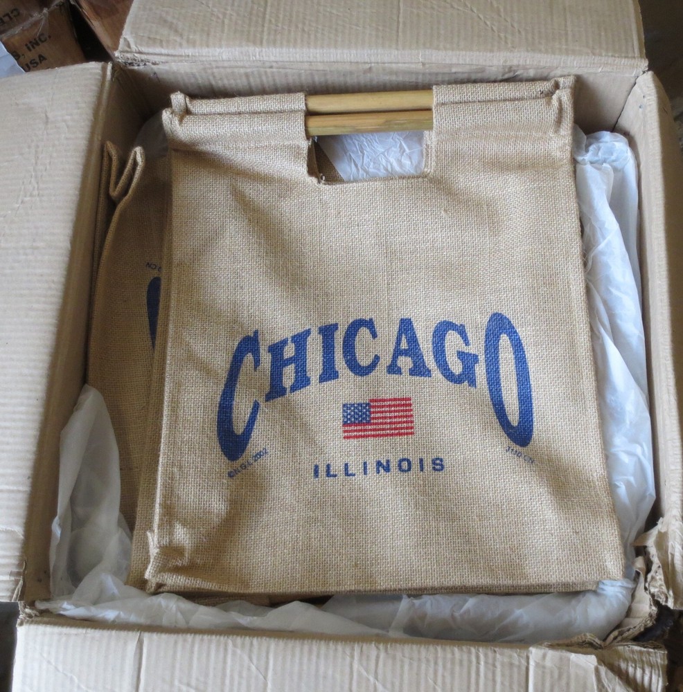 50 Tote Bag Chicago Printing Both Side Jute Reusable 17×14 Bamboo Handle Cotton