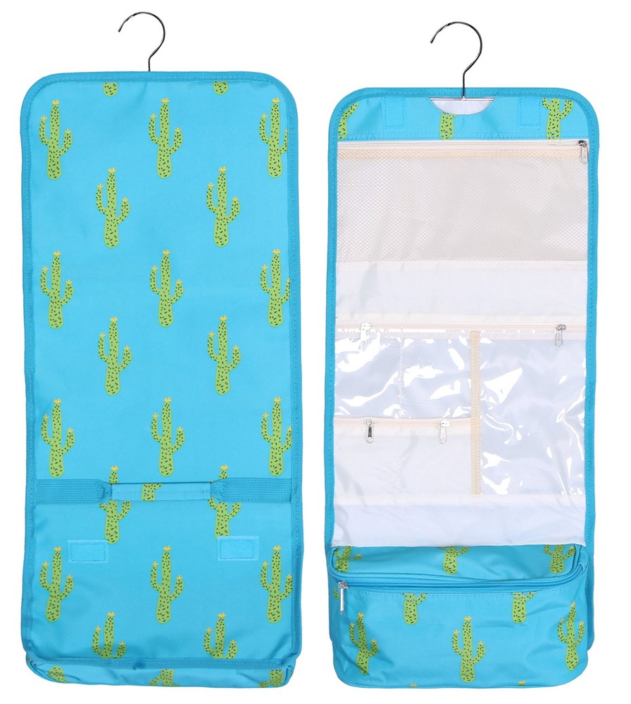 Hanging Toiletry Cosmetic Organizer Bag – Roll Large, Turquoise Cactus Print