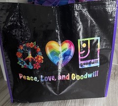 “Peace Love And Goodwill” Large Reusable Shopping Tote Bag Rainbow Colors Black