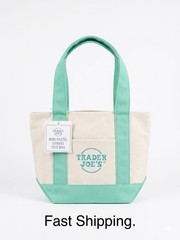 Trader Joe’s Mini Pastel Canvas Bag Off White, Green Base & Straps, Blue Logo