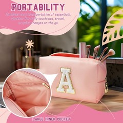 WEMVP Personalized Initial Makeup Bag with Handle, Preppy Cosmetic Pink