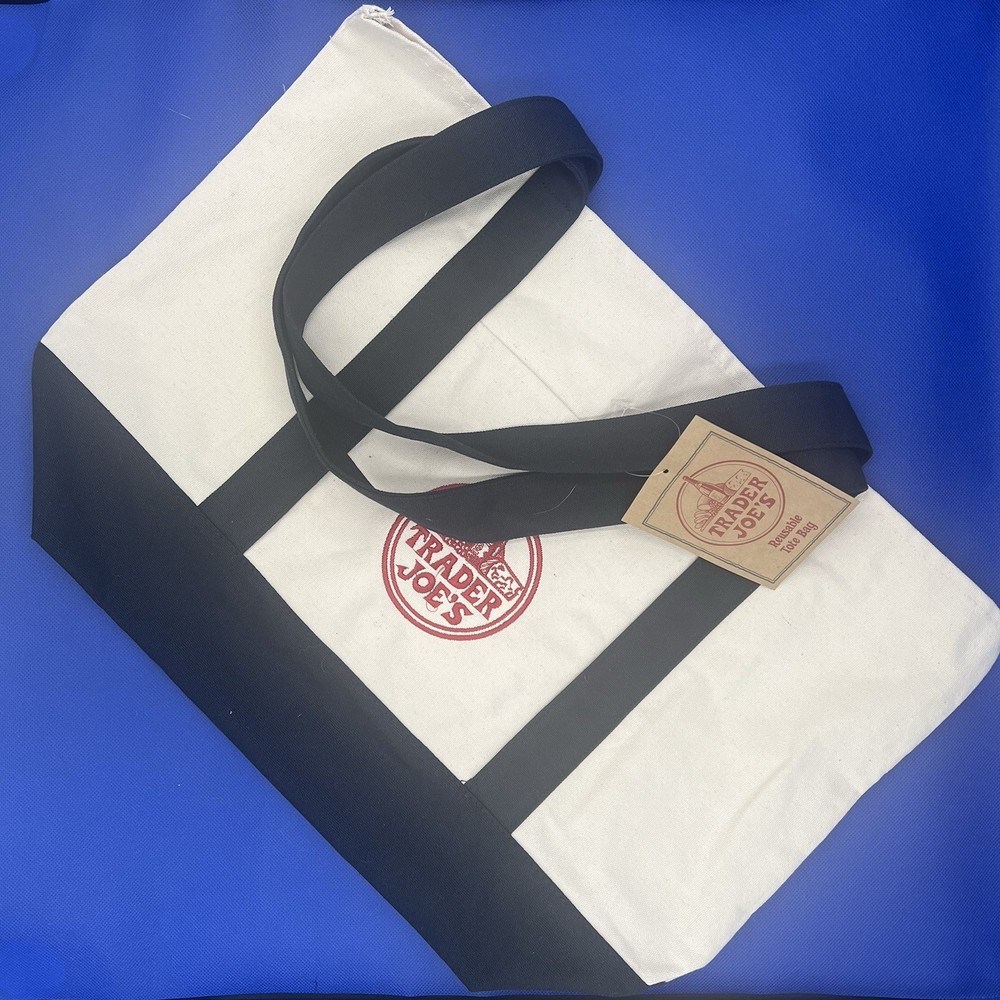 Trader Joe’s Canvas Tote Bag Foldable Reusable Large Beige and Black Solid RARE