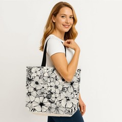 fahombag Large Canvas Tote Bag with Floral Line Art – 18 Inch Reusable Shoppi…