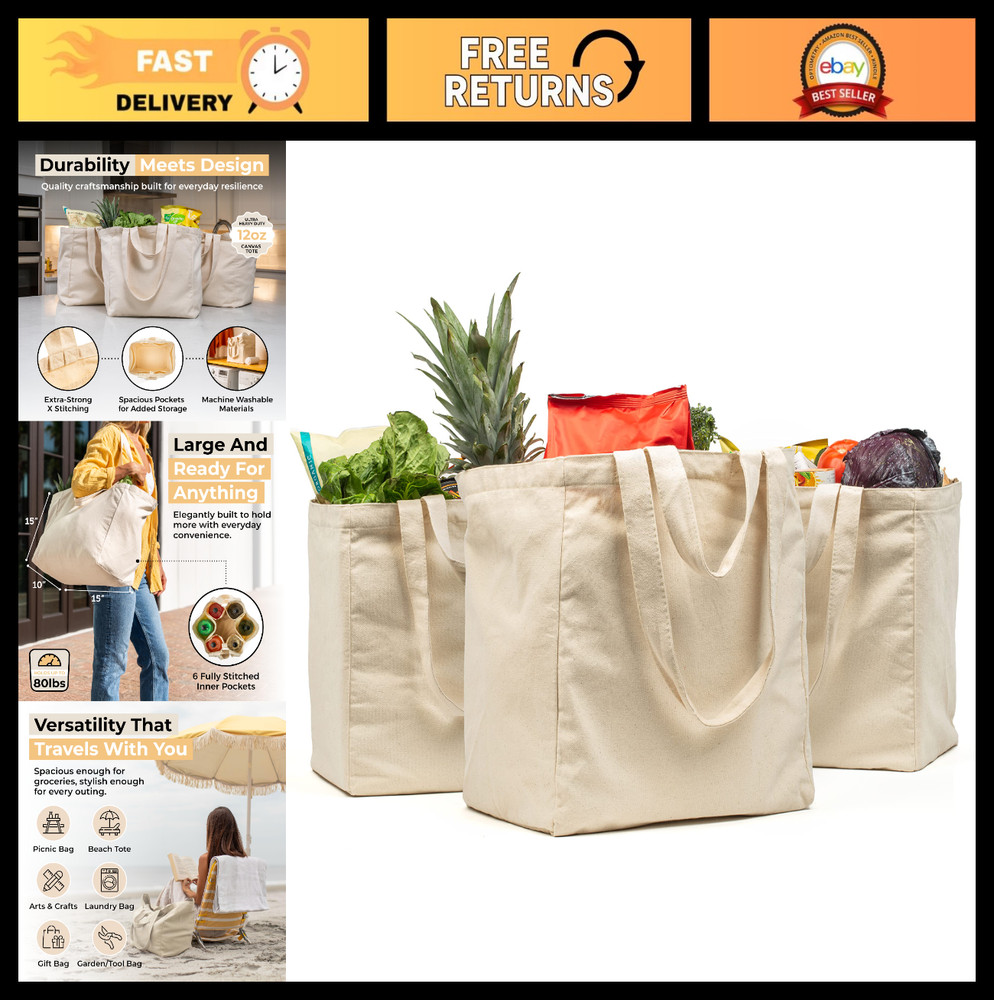 XL Canvas Grocery Bag Set 3pc – Heavy Duty, Foldable, Washable, Pockets, Long St
