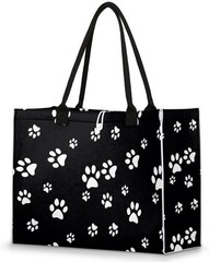 Puppy Paw Print Black Tote Bag For Women Travel Bag Reusable Grocery Bag Utility